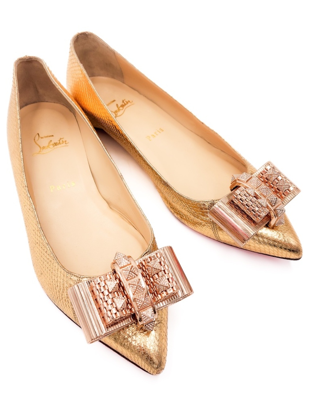 Christian Louboutin Leather Rose Gold Crystal Studded Metal Brooch Flats EU 39